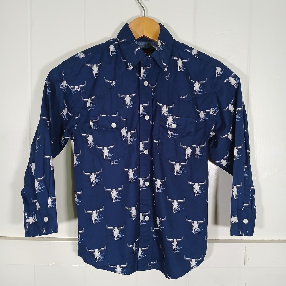 Rock & Roll Cowboy Western Snap Steer Skull Print Shirt Boys Small Navy Blue
